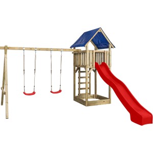 SwingKing Spielgerät Jonas mit roter Rutsche und Doppelschaukel. Spielturm aus Holz mit blauem Dach.