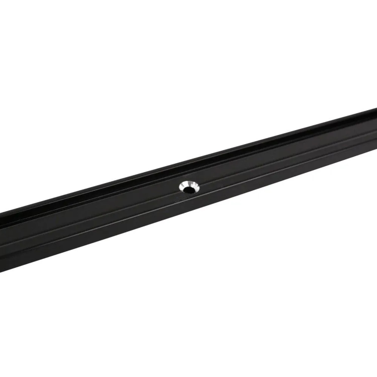 Schwarze 1-Lauf Gardinenschiene aus Aluminium für Deckenmontage. Minimalistisches Profil mit Laufkanal und Befestigungsloch.