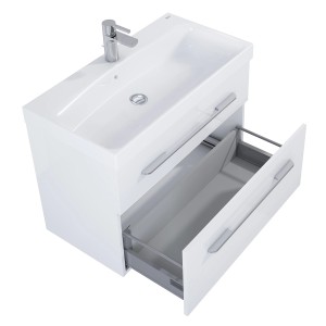 Weißes, eckiges Waschbecken Luna 80 cm mit offenem Schubfach und Armatur.