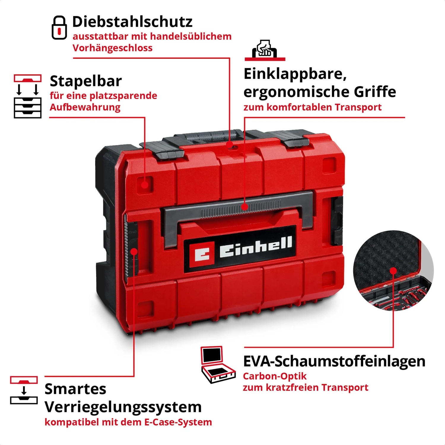 Einhell Werkzeugkoffer Universal 80-tlg E-CASE, rot, stapelbar, mit Tragegriff und Werkzeugsortiment.