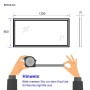 Emke LED Badspiegel Maße 120x60 cm, Tiefe 3,5 cm. Diagramm mit Händen und Maßband zur Einbauprüfung.