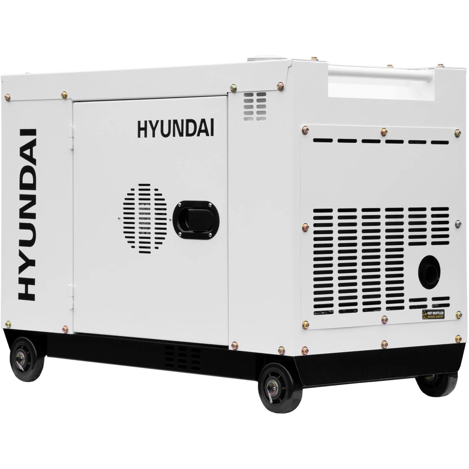 Hyundai Silent Diesel-Generator DHY8600SE-T DE, 6.0 kW, weiß, mit Rädern.