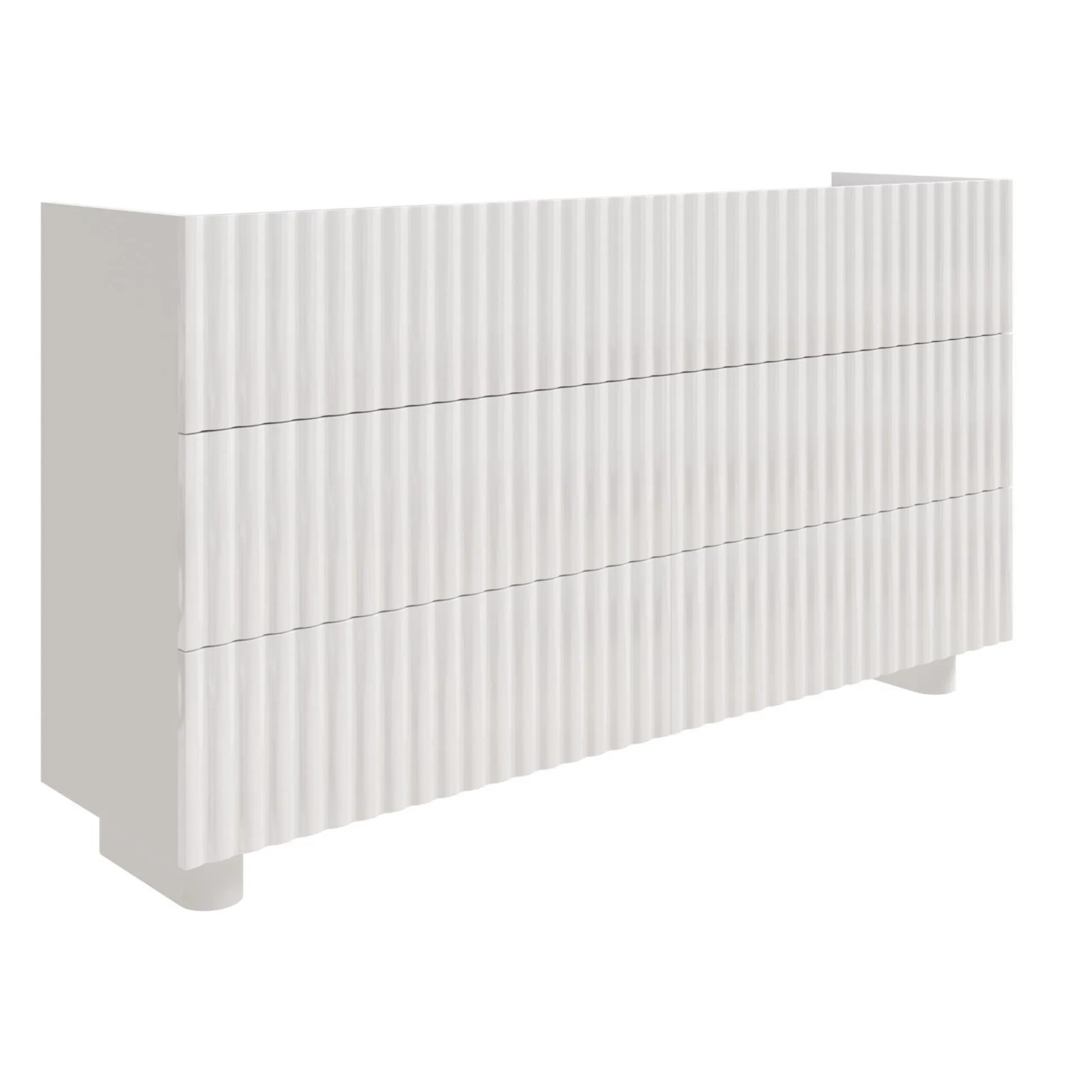Weiße Selsey Kommode Fiorra mit sechs geriffelten Schubladen, grifflos, auf ovalen Füßen. Modernes Sideboard.