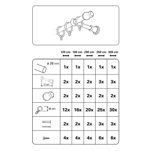 Gardinia Gardinenstangen-Set Lugano Kolonial, Ø 28mm, 160cm: Schema der Einzelteile und Maße.