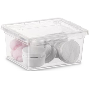 Transparente KIS Aufbewahrungsbox C XXS mit Deckel, gefüllt mit Wattepads und Kosmetik.
