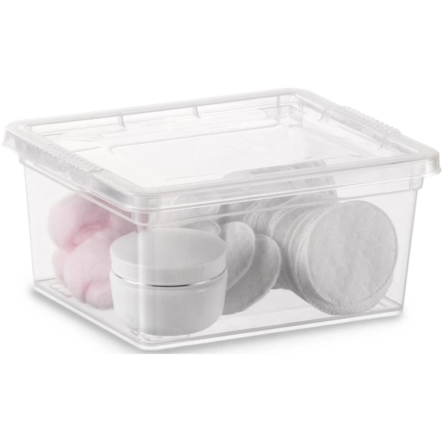 Transparente KIS Aufbewahrungsbox C XXS mit Deckel, gefüllt mit Wattepads und Kosmetik.