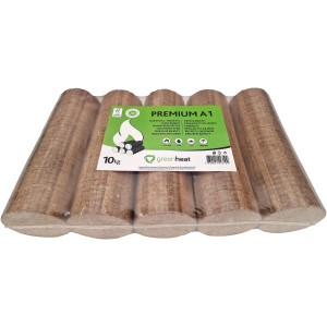Paket Greenheat Premium Hartholzbriketts (10 kg) in PVC-Folie verpackt.