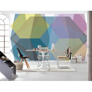 Komar Vlies Fototapete Gem Stone Diamond, 400x250cm, mit geometrischem Muster in Gelb, Blau und Lila.