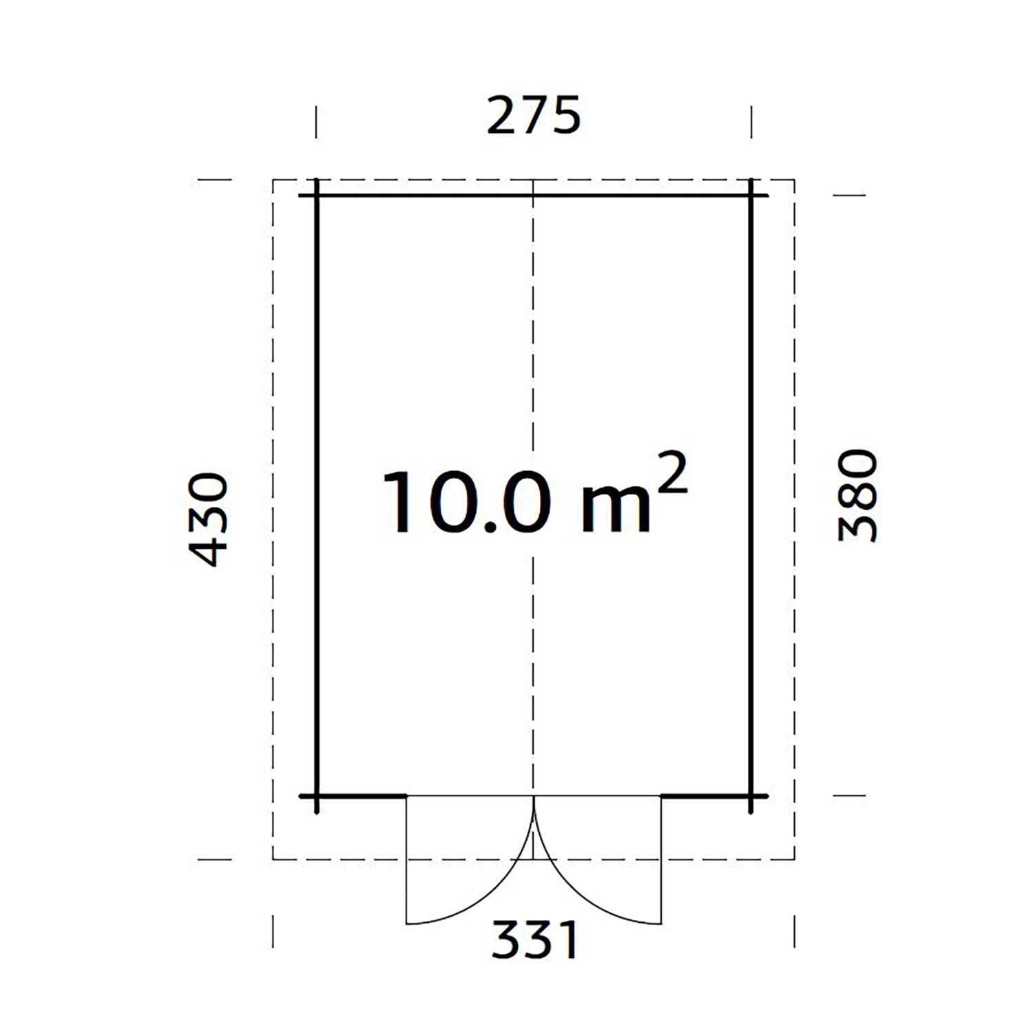 Grundriss Palmako Gartenhaus Lotta, 275x380 cm, 10 m² Fläche, Doppeltür unten mittig.