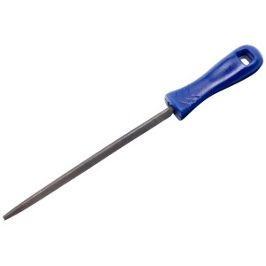 LUX Schlüsselfeile Dreikant, 100 mm, mit blauem Comfort-Griff für präzise Feilarbeiten.