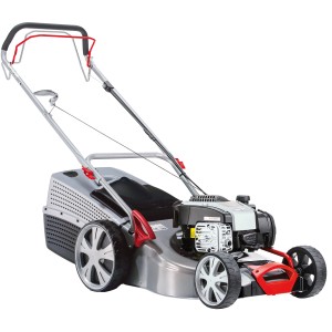 AL-KO Benzinrasenmäher Classic 5.12 SP-B: Silberner Rasenmäher mit rotem Griff und schwarzen Rädern.