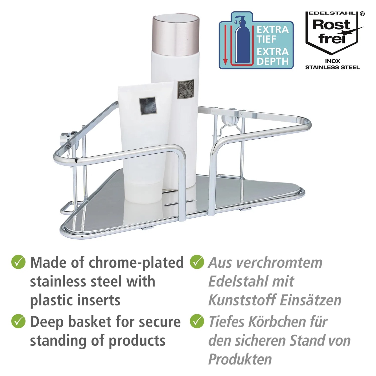 Wenko Eckablage Termoli, Edelstahl, glänzend silber. Bad-Ablage für Dusche & Badewanne.