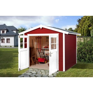 Weka Gartenhaus 224 in Schwedenrot mit geöffneter Doppeltür und Gartengeräten im Inneren.