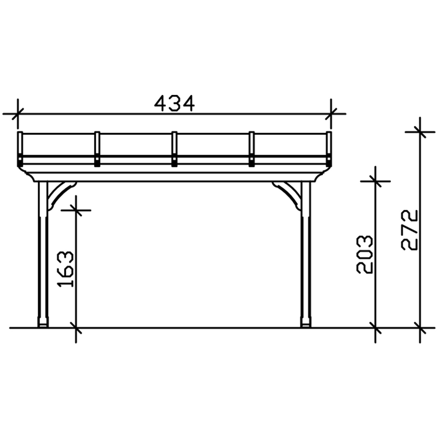 Technische Zeichnung der Skan Holz Terrassenüberdachung Ravenna, 434 x 250 cm, Douglasie Nussbaum mit Maßangaben.