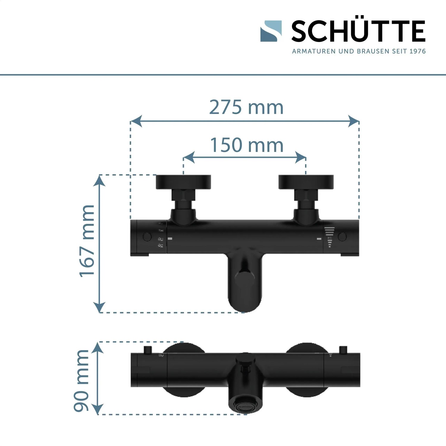 Schütte Thermostat Badewannenarmatur London, schwarz matt, mit Maßangaben.