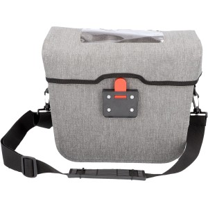Graue Fischer Lenker-Fahrradtasche Plus Cita mit transparentem Touchscreen-Fach und Schultergurt.
