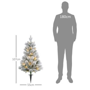 Künstlicher Weihnachtsbaum, ca. 90cm, mit Kunstschnee, warmweißen LEDs und Erdspieß. Größenvergleich mit 180cm Person.