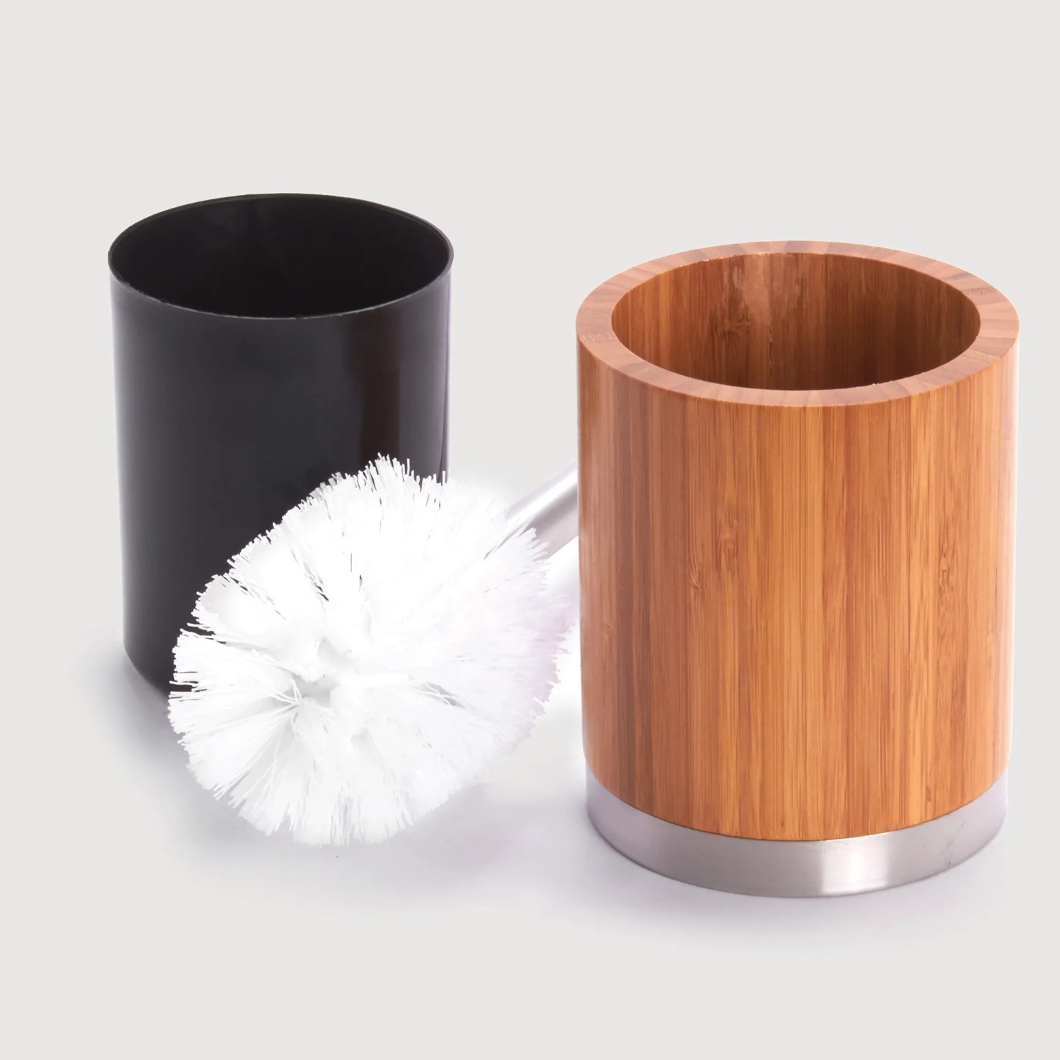 MSV WC-Garnitur aus Bambus mit Bürste und braun-silbernem Behälter (Ø 8 cm x 37 cm).