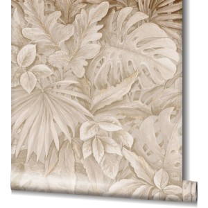 Beige Vliestapete Botanica Floral von Marburg mit Pflanzenmuster für Wohnräume.