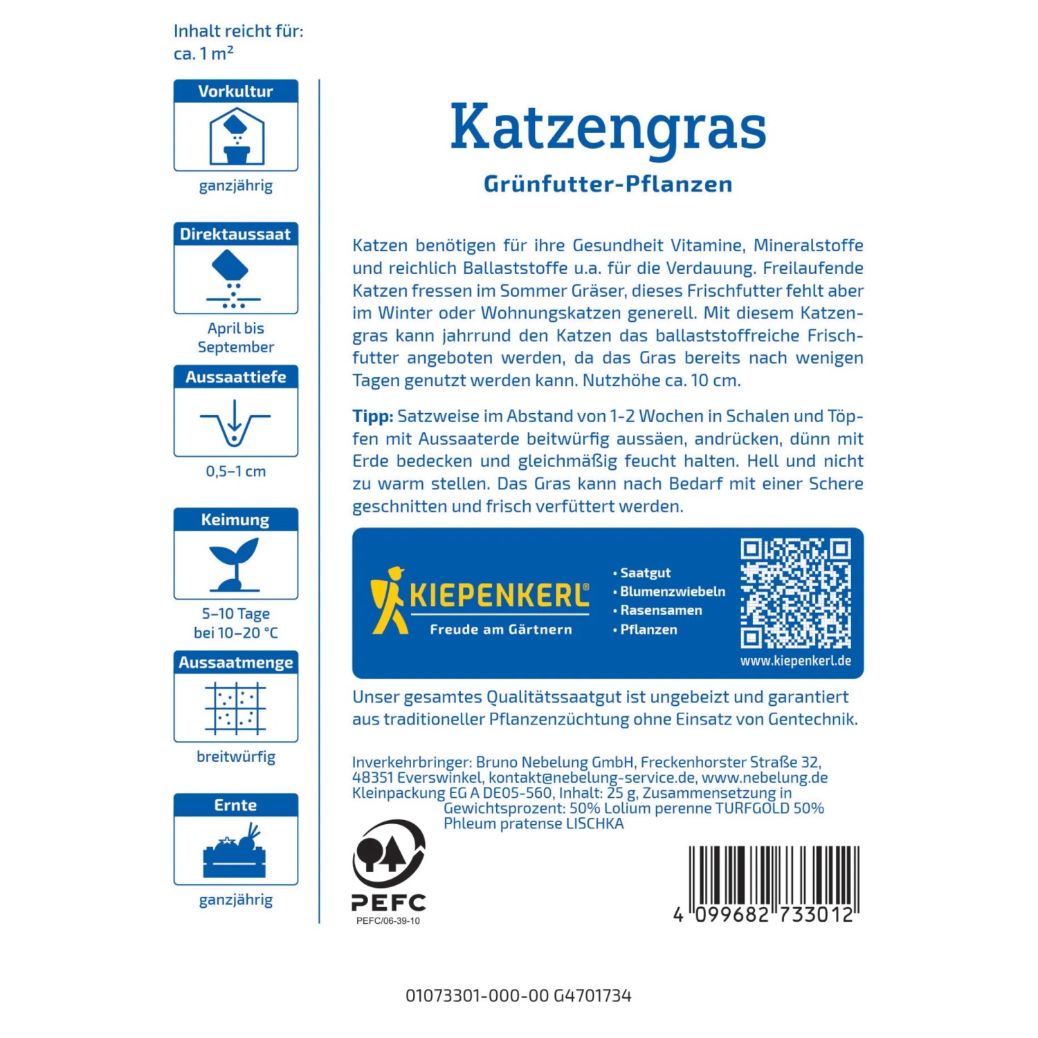 Kiepenkerl Katzengras Saatgut Packung, Frischgrün Mischung für Katzen und Kleintiere.