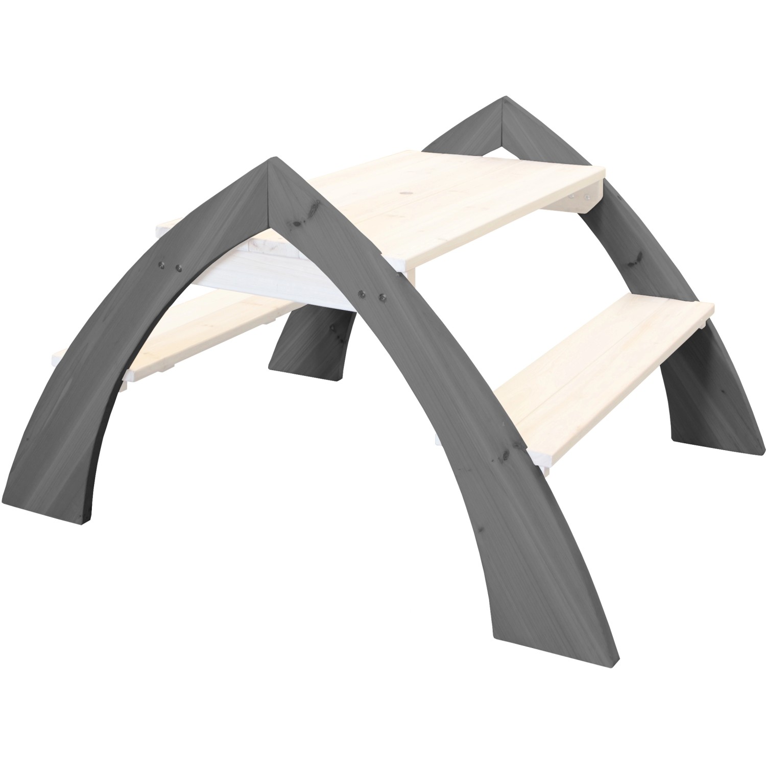 Kinder Picknicktisch Kylo XL mit grauem Gestell und hellem Holztisch, inklusive Sonnenschirm.