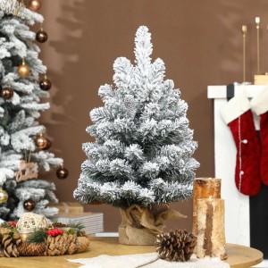 Kleiner, schneebedeckter HOMCOM Weihnachtsbaum aus Kunststoff mit Leinenfuß und Zapfen als festliche Tischdekoration.