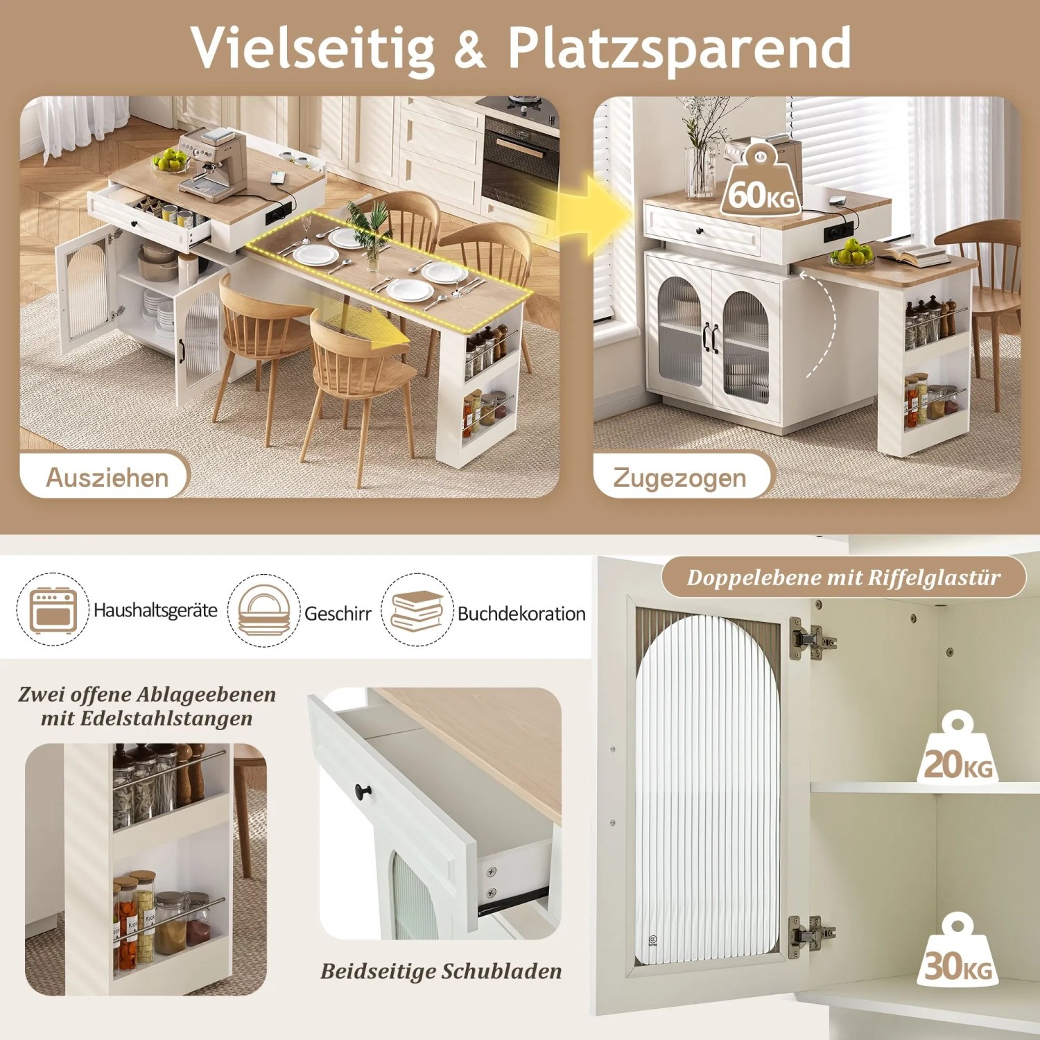 okwish Kücheninsel mit Rollen Ausziehtisch LED Beleuchtung Steckdosenleiste 128-200x71x92cm Weiß_9