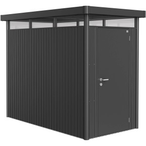 Biohort Metall-Gerätehaus HighLine in Dunkelgrau-Metallic mit Standardtür. Gerätehäuser für den Garten.