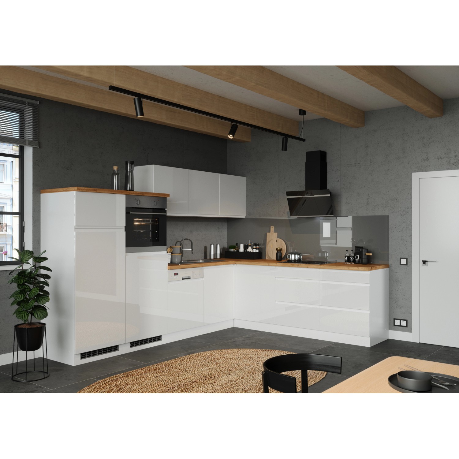 Moderne Held Küchen Winkelküche Gera 300 cm in Weiß/Wotan ohne E-Geräte.