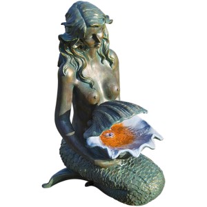 Bronzefarbene Meerjungfrau als Wasserspiel Oslo mit LED-Beleuchtung für den Gartenteich.