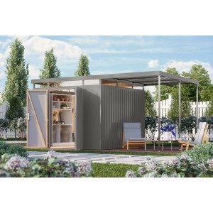 Karibu Metallgerätehaus Argos 3,5 mit Anbaudach 2 m Graualuminium