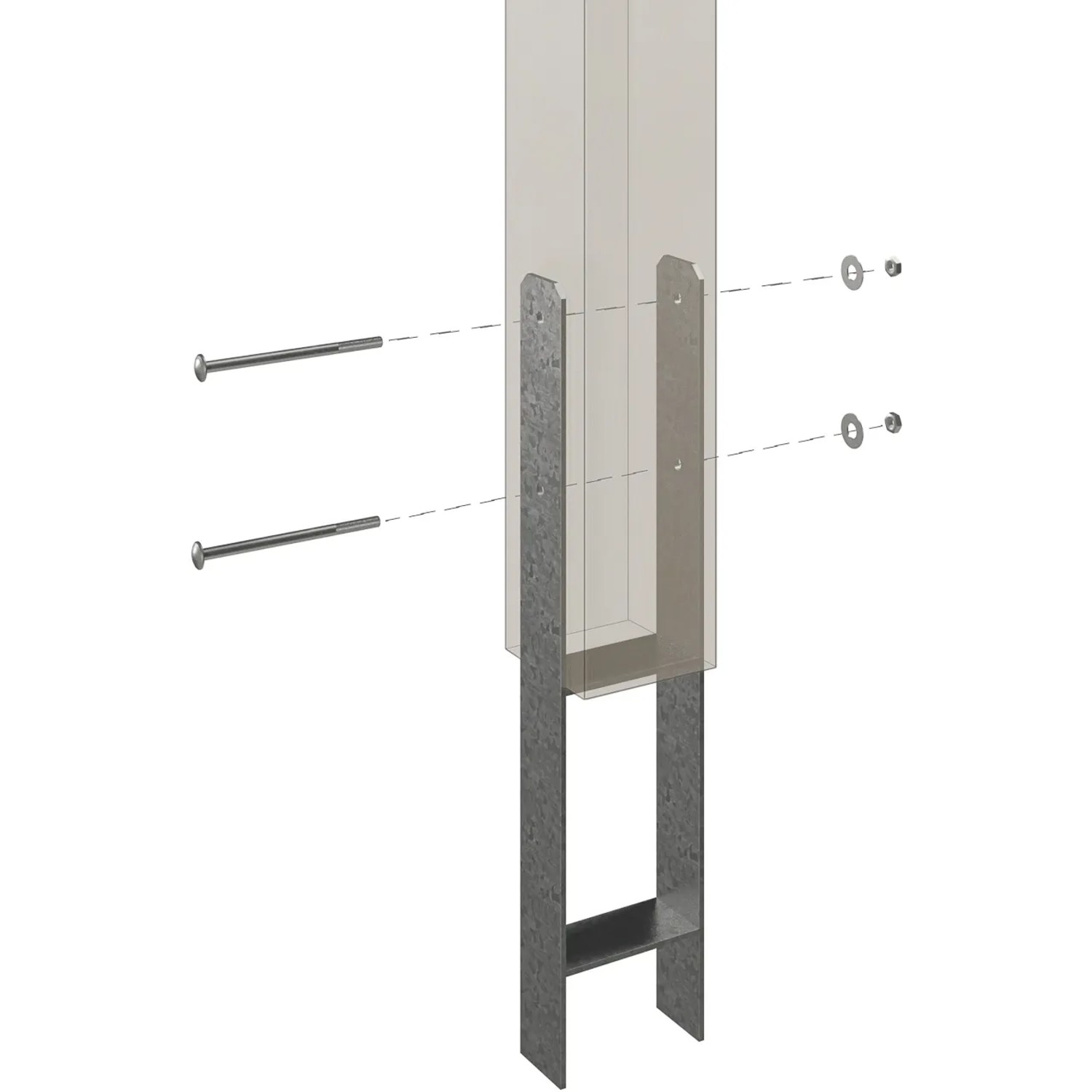 Detailaufnahme eines H-Pfostenträgers für Skan Holz Carport, Befestigung mit Schrauben und Unterlegscheiben.