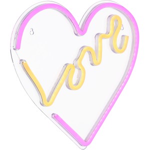 Weiße Globo Neon-Wandlampe in Herzform mit pinkfarbenem Rand und gelbem "Love" Schriftzug.