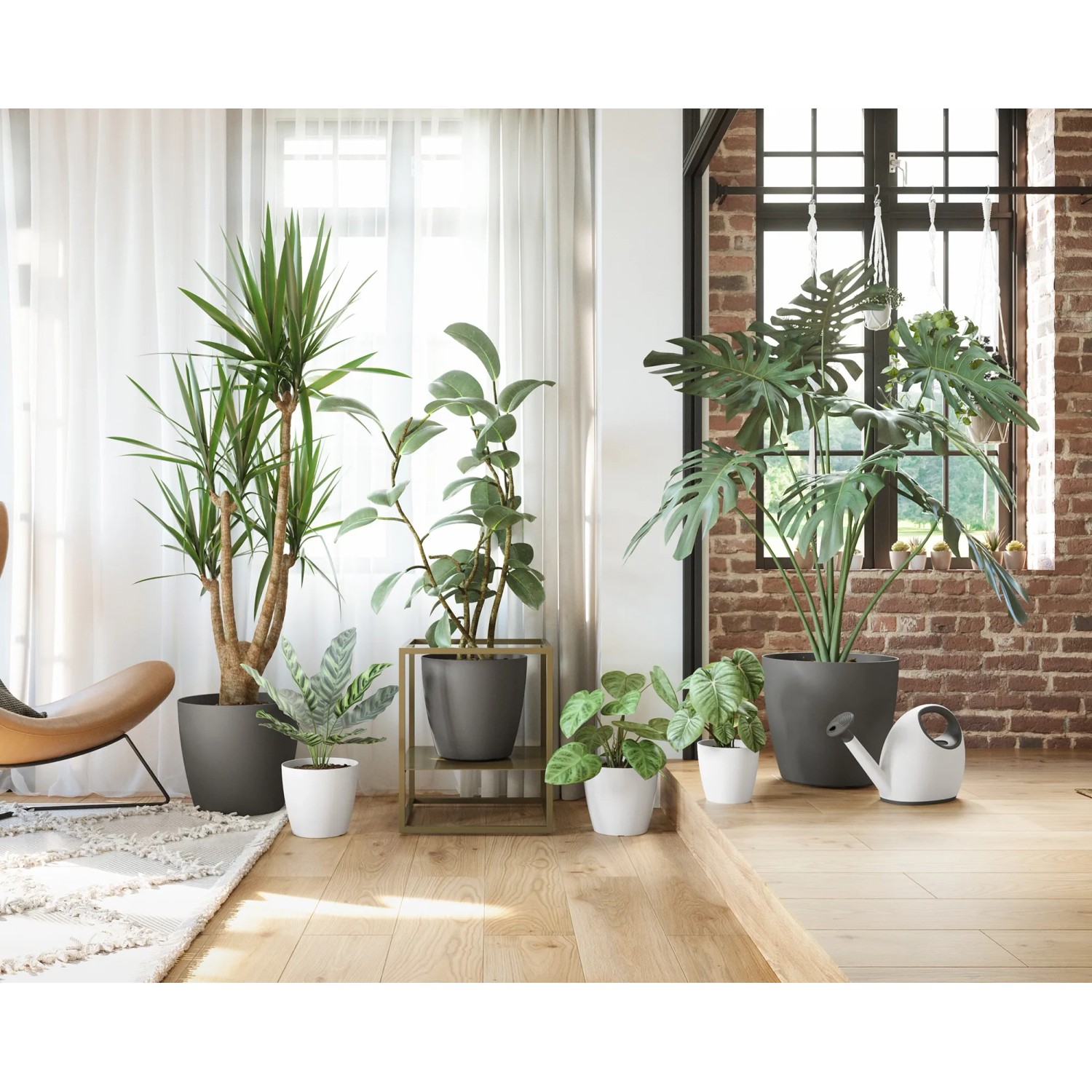 Lechuza Trio Cottage Pflanzkübel in Sandbraun, 100x32x34 cm, mit Pflanzen in Wohnraum.