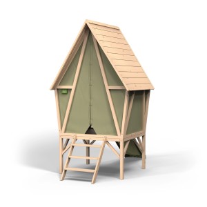 Exit Spielhaus Yuki 300 mit Rutsche, Holz und grüner Plane, Leiter führt zum Eingang.
