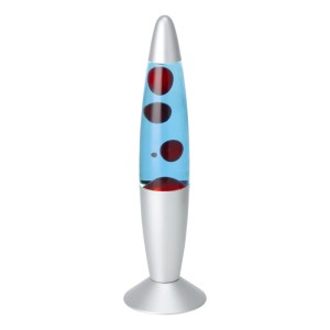 Eglo LED-Lavatischleuchte Silber/Blau/Rot. Tischlampe mit blauer Flüssigkeit und roten Wachsblasen.