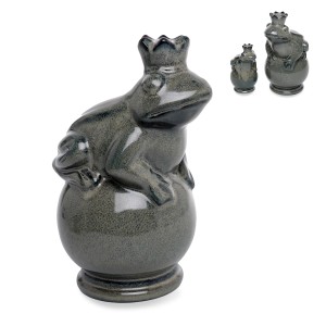 Graue Deko-Figur Froschkönig auf Ball aus Steingut, 22 cm hoch, für die Gartendekoration.