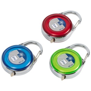 LUX Mini-Maßband 2 m in Rot, Blau und Grün mit Gürtelclip.