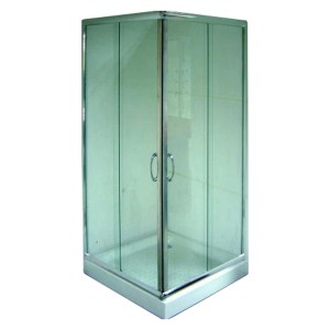 Sanotechnik Eckeinstieg, 90x90x190 cm, mit Chrom-Profilen und Schiebetüren.