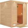 Karibu Sauna Marika mit LED-Dachkranz aus naturbelassener Fichte und Bronzetür.