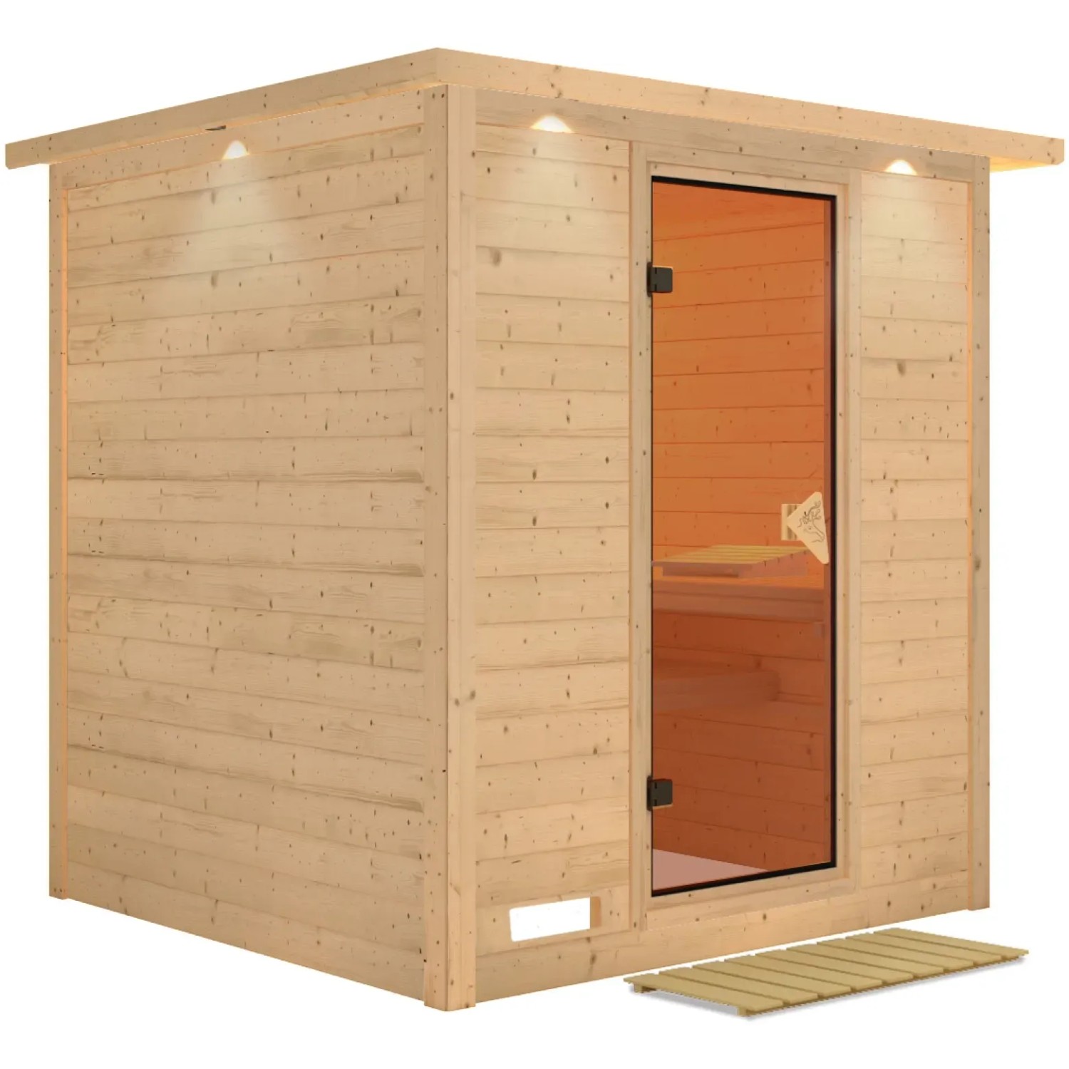 Karibu Sauna Marika mit LED-Dachkranz aus naturbelassener Fichte und Bronzetür.