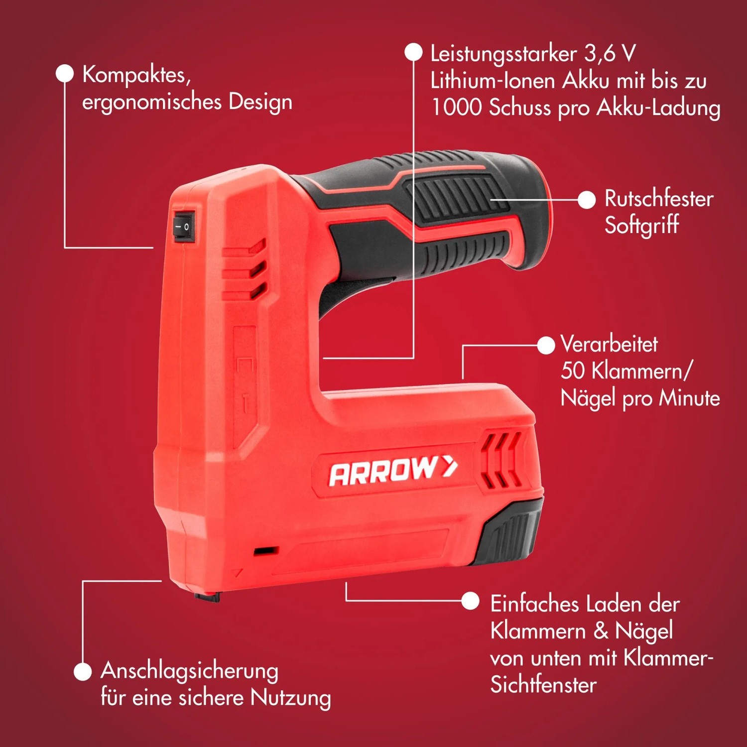Akkutacker E21 von Arrow für Klammern und Nägel, rot/schwarz, mit Softgriff und Akku-Statusanzeige.