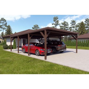Doppelcarport Ralf, graubraunes Holz mit dunklem Blechdach, zwei geparkte Autos.