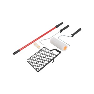 6-teiliges LUX Maler-Set mit Teleskopstab, Farbwalzen, Bügeln und Abstreifgitter.