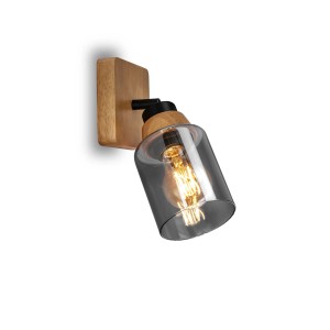 Briloner Wandleuchte Royk mit Rauchglas und Holzbasis, E27 Fassung.