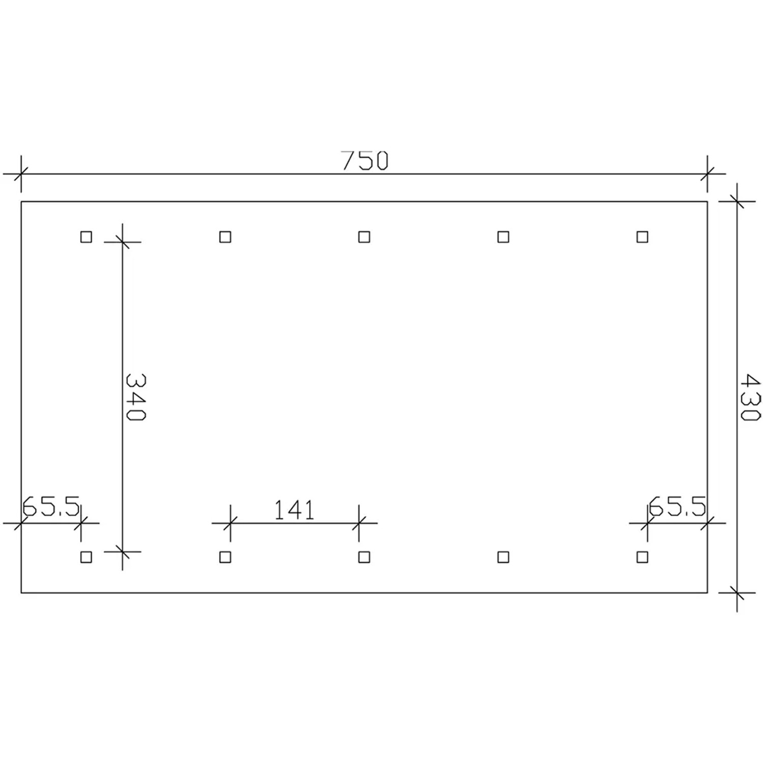 Maße des Satteldach-Carports Wallgau Nussbaum (430 x 750 cm) mit Fundamentpunkten.
