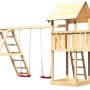 Karibu Spielturm Lotti mit Doppelschaukel, Klettergerüst und Kletterwand aus Holz.