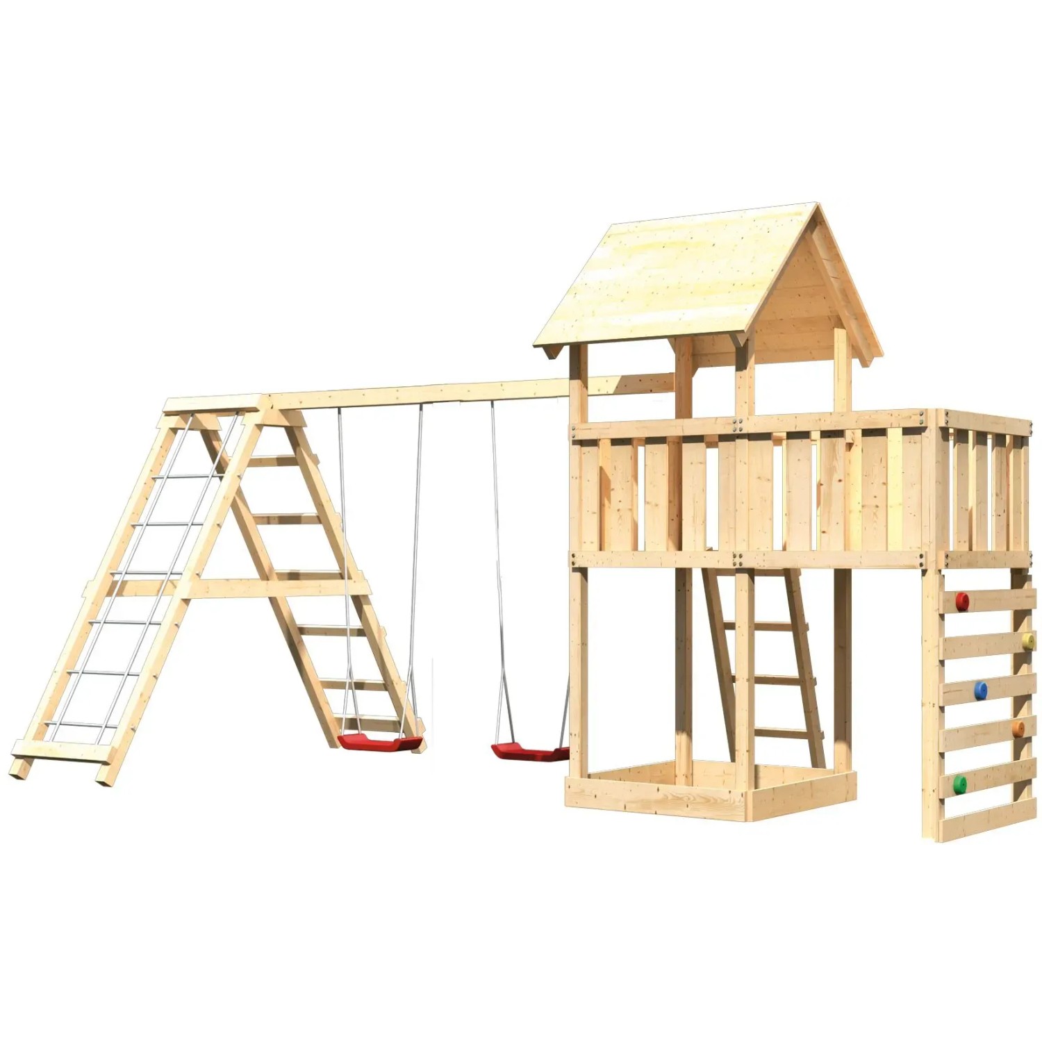 Karibu Spielturm Lotti mit Doppelschaukel, Klettergerüst und Kletterwand aus Holz.