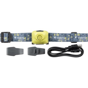 Varta LED-Kopflampe Outdoor Sports Ultralight H30R Lime mit Zubehör und USB-Kabel.