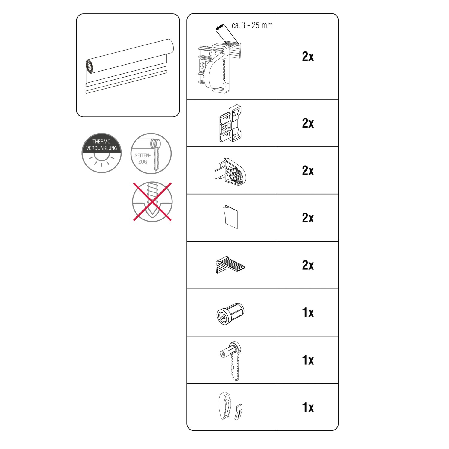 Montagezubehör für Gardinia EasyFix Rollo Thermo, inklusive Klemmträger und Seitenzug.
